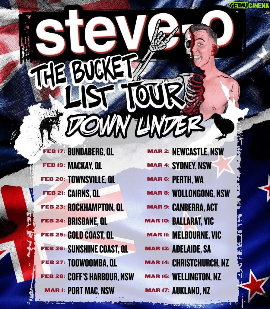 Steve-O Instagram - It’s been too long since I was in Australia and New Zealand, but I’m coming back! Swipe to see the dates, link in bio for tickets! (Photoshop by @mjr79 and tour art by @mikehillier_design)
