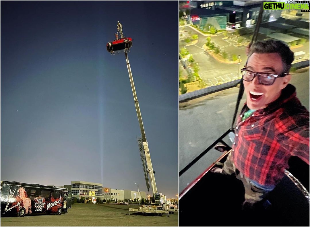 Steve-O Instagram - I’m in that car RIGHT NOW, hanging 100ft above the @ufc headquarters, and I will remain in here until the @ufc fights are about to start at 1pm PST today (Saturday). I came to Las Vegas for my show at the Virgin Casino Theater this Sunday (tomorrow) and I told @danawhite my idea for sleeping in my car while hanging from a crane… and he said I could do it here. That was TWO DAYS AGO, and (thanks to @theotherguysllc) we already put it together from scratch!!! I can never thank @danawhite enough, what an unbelievable honor to be bros with him. I’m crashing out now, but cruise by the @ufc APEX for a selfie with me (I’ll climb back on the roof of the car up here around 11am or noon, and hit the link in my bio for tickets to my show in Vegas tomorrow (Sunday), and everyone tune in for the fights at 1pm PST!