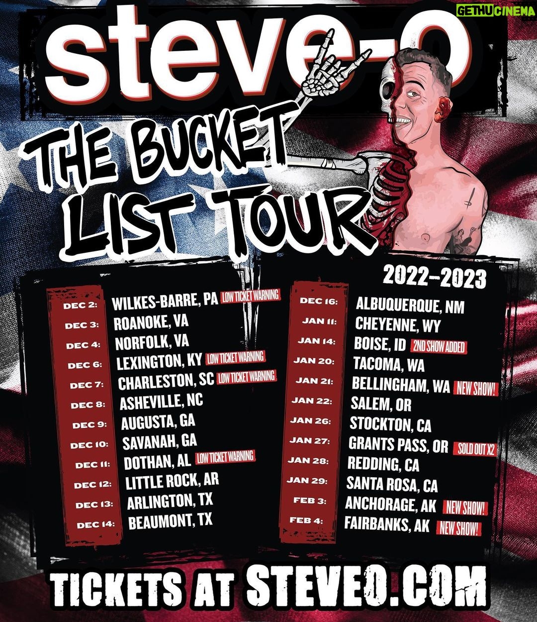Steve-O Instagram - I salute you, America, and it’s a wrap! The final continental USA dates of my Bucket List Tour have been announced, and a bunch of them are being filmed for the special: Little Rock and Albuquerque to begin with! Link in bio for tickets, yeah dude!!!
