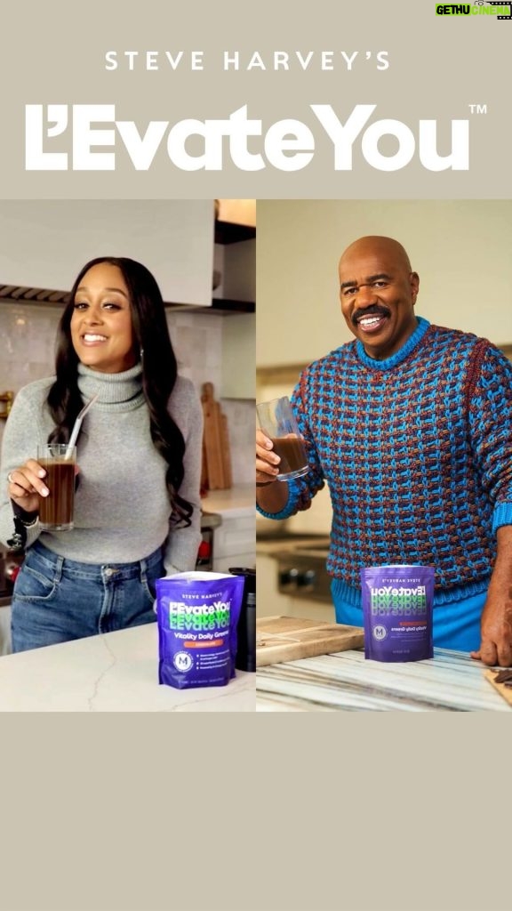 Steve Harvey Instagram - Welcoming L’Evate You’s newest Brand Ambassador, @tiamowry 🌟📺 Powerhouse Duo: Steve Harvey and Tia Mowry Unite for a Health Revolution with L’Evate You Vitality Daily Greens 🥬 Let this be the motivation you need to make your commitment to wellness MORE than just a resolution. It’s time for your wellness revolution🙌