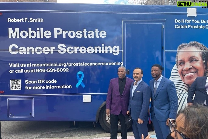 Steve Harvey Instagram - An incredible initiative to screen Black Men for Prostate Cancer led by @robertfredericksmith. I was proud to join my brothers in Harlem. Get screened #NationalMinorityHealthMonth #ProstateAwareness To kickoff National Minority Health Month, I joined philanthropist @robertfredericksmith with some of my celebrity friends and local medical leaders for the launch of the Mt. Sinai Robert F. Smith Prostate Cancer Screening Bus (left to right): Dr. Ramon Parsons, Dr. David Reich, Dr. Cardinale Smith, @robertfredericksmith, Dr. Ash Tewari, @christucker, and @cedtheentertainer New York