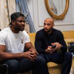 Steven Bartlett Instagram - In a hotel room in Paris talking about life, mental health and struggle with Thierry Henry, Aurélien Tchouaméni, Francis Ngannou, Khatia Buniatishvili, Kalash. Coming soon! The Bridge. Double tap if you’d like to see the convo 👊🏾❤️ Paris, France