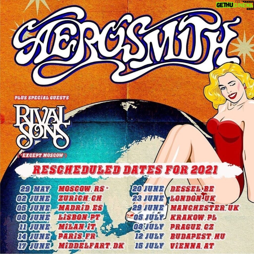 Steven Tyler Instagram - @aerosmith RESCHEDULED DATES FOR 2021- Aerosmith is and always will be a band for the fans, of the fans and by the fans. It is for this reason that we have made the decision to reschedule our European Tour to Summer 2021, in an effort to keep the focus on the health and well-being of everyone during this unprecedented time. Please hold on to your tickets as they will be honored for the new dates listed below. If you are a ticket holder, your point of purchase will be in contact directly with further details. Unfortunately, despite our best efforts, it has not been possible to reschedule our show in Mönchengladbach, we are beyond disappointed and look forward to seeing our fans in Germany as soon as we can. In the meantime, please be safe and kind to one another. Love, Aerosmith 29 May Moscow, RS 02 June Zurich, CH 05 June Madrid, ES 08 June Lisbon, PT 11 June Milan, IT 14 June Paris, FR 17 June Middelfart, DK 20 June Dessel, BE 23 June London, UK 29 June Manchester, UK 05 July Krakow, PL 08 July Prague, CZ 12 July Budapest, HU 15 July Vienna, AT #REPOST @aerosmith