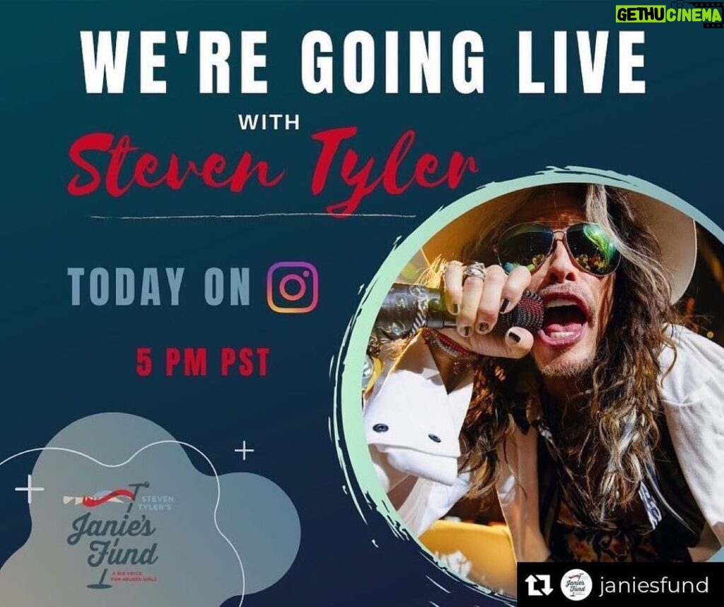 Steven Tyler Instagram - LIVE Q&A TONIGHT ON INSTAGRAM WITH @janiesfund SUBMIT QUESTIONS IN THE COMMENTS BELOW... MAKE SURE TO WATCH AT 5PM PST BECAUSE YOU DON’T WANT TO MISS A THING!!! #REPOST @janiesfund It’s finally Friday, and a shot of Hope is comin’ your way! Join @iamstevent live today, as he wraps up our $500,000 month of impact and announces our final $100K commitment to help girls in @youthvillages LifeSet program. PLUS, he’ll be answering some of your questions. See you soon! 📷 @zack.whitford