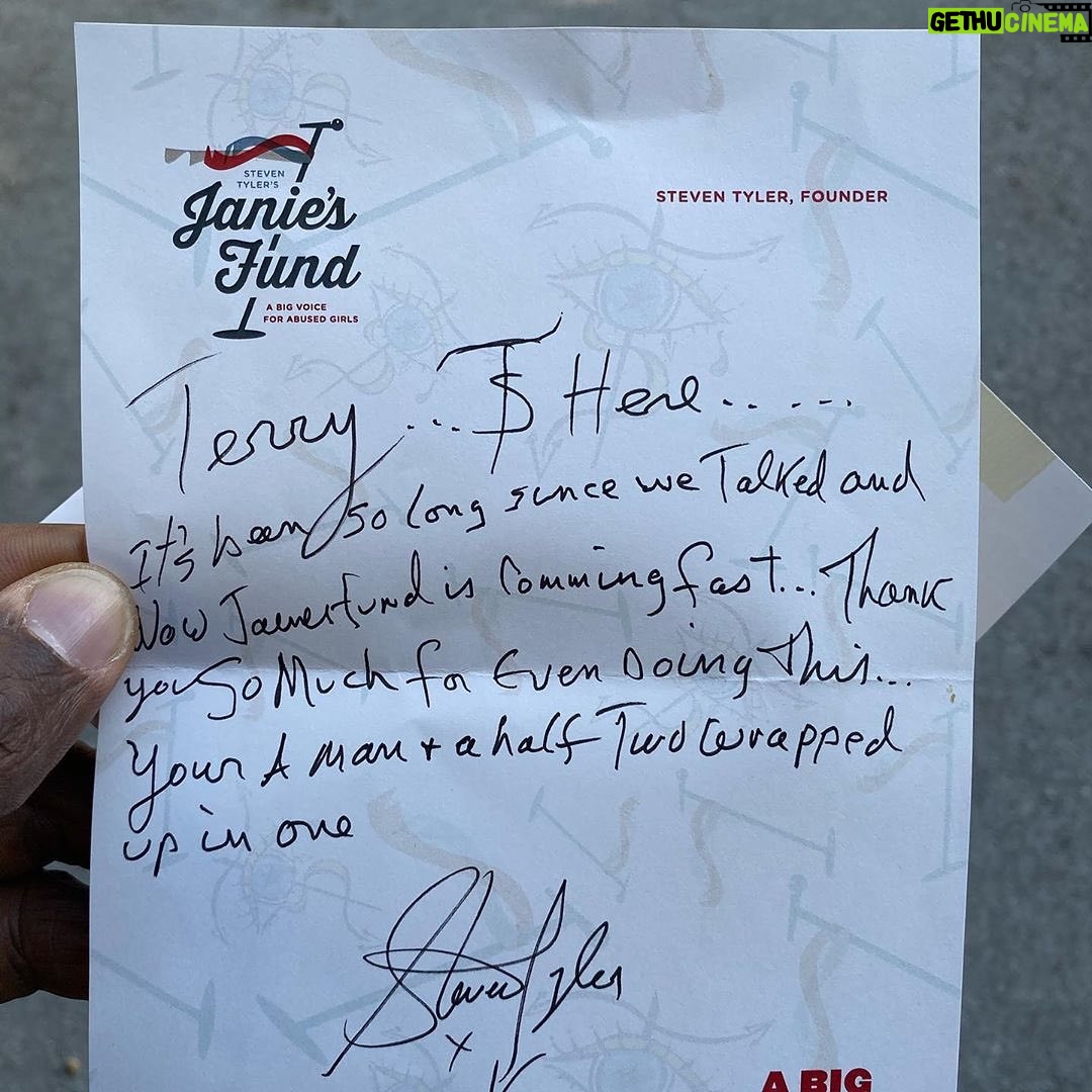 Steven Tyler Instagram - THANK YOU SO MUCH @TERRYCREWS FOR HOSTING THE UPCOMING @JANIESFUND 2020 GALA! YOU SAY WHAT YOU MEAN AND YOU MEAN WHAT YOU SAY! JOIN US IN MAKING A POSITIVE IMPACT! #REPOST @terrycrews I’m so honored to be hosting the 2020 @JANIESFUND EVENT— an amazing charity that brings hope and healing to girls who have suffered the trauma of abuse and neglect. @iamstevent is leading the way in showing these are not women’s issues but HUMANITY ISSUES. This cause is so close to my heart and I’m grateful to further the cause! SEE YOU THERE! Thank you Steven for this amazing gift!!!