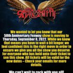 Steven Tyler Instagram - #REPOST @aerosmith We wanted to let you know that our 50th Anniversary Fenway show is moving to Thursday, September 8, 2022. While we know that means you have to wait a bit longer, we feel confident this is the right move in order to ensure we give you all the show you deserve for everyone who has held onto their ticket to see this show. All tickets will be valid for the new dates – Check your emails for more details. We can’t wait to rock with you all. -Aerosmith