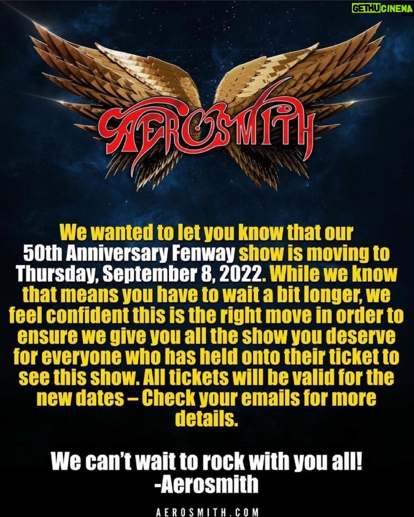 Steven Tyler Instagram - #REPOST @aerosmith We wanted to let you know that our 50th Anniversary Fenway show is moving to Thursday, September 8, 2022. While we know that means you have to wait a bit longer, we feel confident this is the right move in order to ensure we give you all the show you deserve for everyone who has held onto their ticket to see this show. All tickets will be valid for the new dates – Check your emails for more details. We can’t wait to rock with you all. -Aerosmith