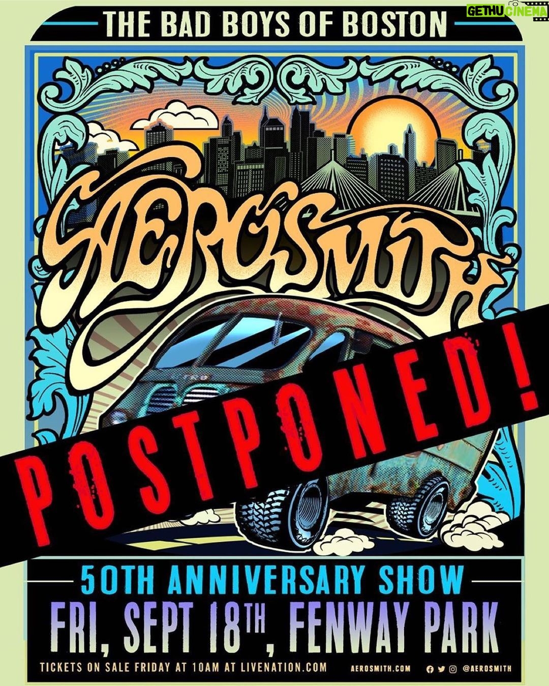 Steven Tyler Instagram - @aerosmith 50TH ANNIVERSARY @fenwaypark NEW DATE- SEPTEMBER 14TH, 2021- Out of an abundance of love and caution our 50th Anniversary Fenway show is being rescheduled to 14th September 2021. It’s better to look ahead and prepare than to look back and regret, for the safety of our families, for our crews, for the fans and for the Blue Army. All tickets will be honored for the new date so hold onto yours! Or if you are unable to make it, you’ll be able to request a refund. Ticket holders will be emailed with all details. Until then, stay safe and stay healthy. Big love from the Bad Boys of Boston... Aerosmith #REPOST @aerosmith