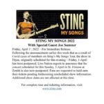 Sting Instagram - Following the announcement earlier this week that as a result of Covid cases of members on Sting’s My Songs Tour, the show in Dijon, originally scheduled for this evening – Friday, 1-April has been postponed, Live Nation regrets to announce that the concert scheduled for this Sunday, 3-April in St. Etienne at Zenith is also now postponed. Fans are requested to hold onto their tickets pending forthcoming rescheduled show information. Additional show dates are not affected at this time. For complete tour and ticketing information, visit: www.sting.com.