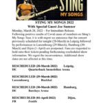 Sting Instagram - Following positive results of Covid cases of members on Sting’s My Songs Tour, it is with regret we announce that the concert previously scheduled for tonight (28-March) in Leipzig followed by performances in Luxembourg (29-March), Hamburg (30-March) and Dijon (1-April) are postponed. Fans are requested to hold onto their tickets pending forthcoming rescheduled show information. We regret the inconvenience. Additional show dates are not affected at this time.