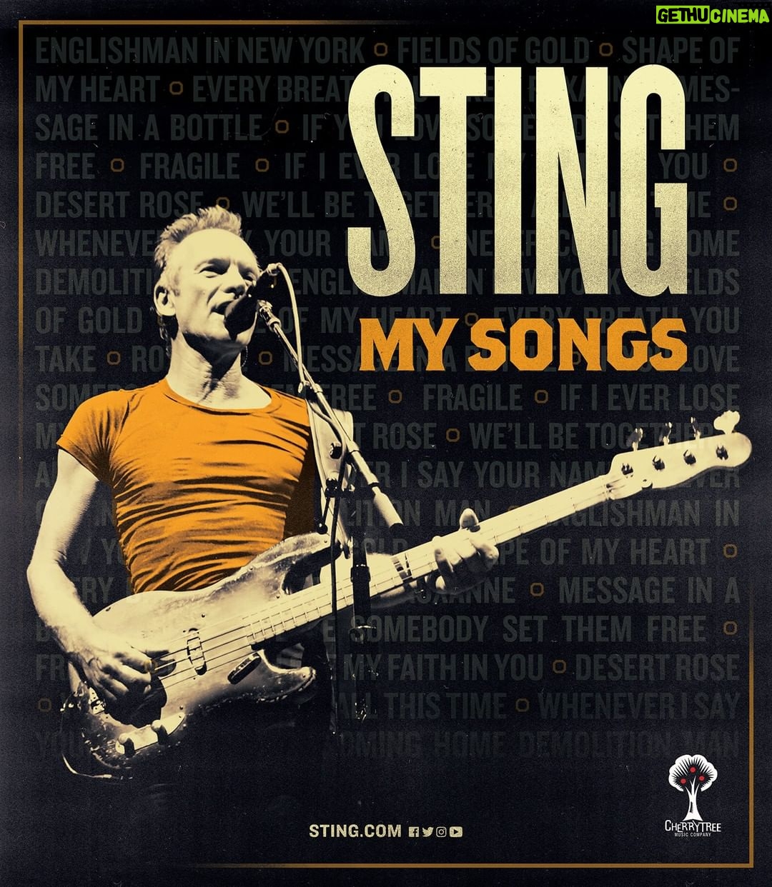 Sting Instagram - Several new MY SONGS Tour dates in North America just announced! May 2 2022 - Halifax, NS - Scotiabank Centre May 4 2022 - Ottawa, ON - Canadian Tire Centre May 5 2022 - Montreal, QC - Bell Centre May 7 2022 - Grand Rapids, MI - Van Andel Arena May 8 2022 - Carmel, IN - The Centre for the Performing Arts May 18 2022 - Nashville, TN - Ascend Amphitheater August 25 2022 - London, ON - Budweiser Gardens September 13 2022 - Moncton, NB - Avenir Centre September 16 2022 - St. Johns, NL - Mary Brown's Centre Head over to Sting.com for ticket pre-sale and on-sale details. Looking forward to seeing you on. the road!