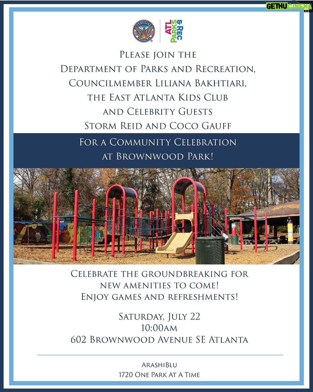 Storm Reid Instagram - storm love the kids 🥹 join us tomorrow @ 10 am! @eastatlantakids 🩵 so excited to be doing this. xo. Brownwood Park
