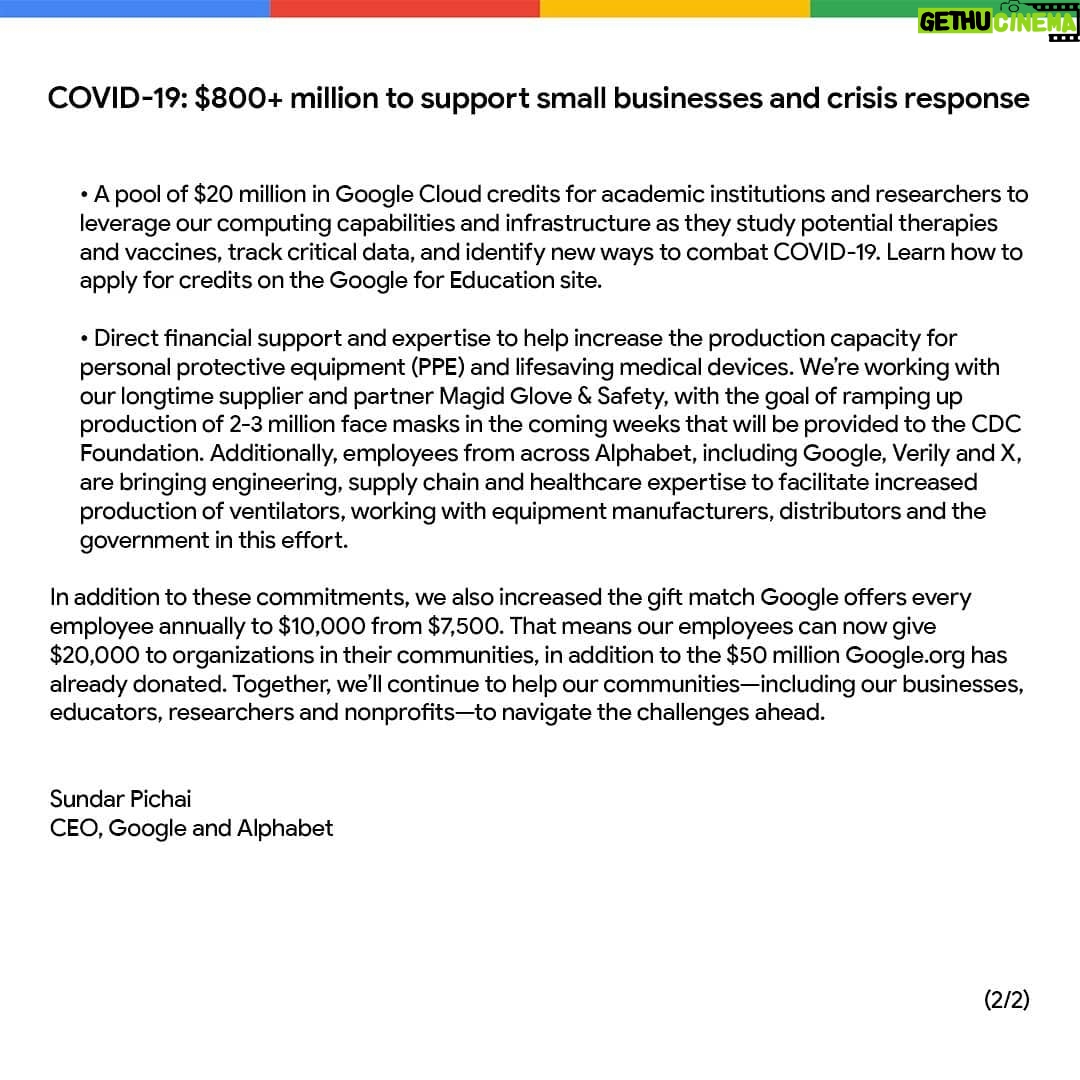 Sundar Pichai Instagram - We’re committing $800M+ in new #COVID19 response efforts, including $340M in Google Ads credits for SMBs worldwide, $250M in ad grants for @WHO & 100+ govt orgs globally, a $200M investment fund for NGOs & banks to help small businesses access capital, and more
