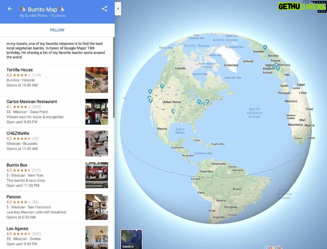 Sundar Pichai - 195.2K Likes - To celebrate the 15th birthday @googlemaps today, I compiled a list of my favorite veggie burrito places from around the world (link in bio). Theyāre my comfort food when traveling, and I get pretty excited when I find a good one - like when @lockheimer and I had šÆ in Seoul in 2013:) #tbt