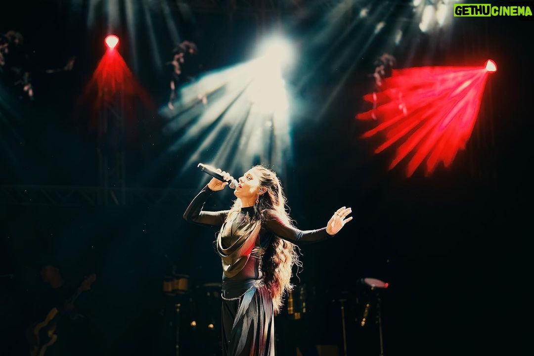 Sunidhi Chauhan Instagram - Muscat!!! Thank you for your love and energy ❤️ @muscat_beats @tmtalentmanagement Styled by @saumyathakur #styledbysaums In Top @houseofsoh Mesh Bodysuit - Custom Rings and Earrings @misho_designs