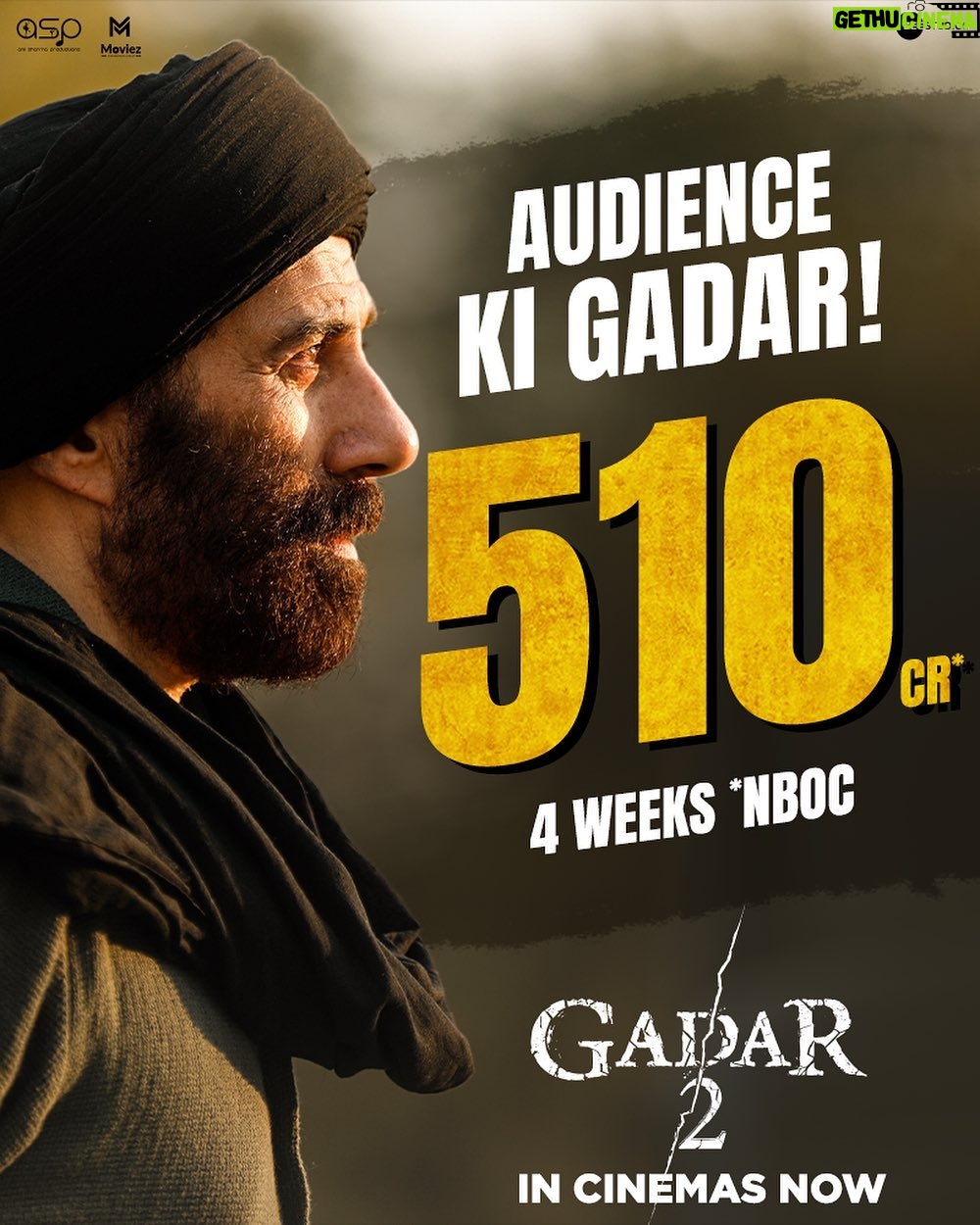 Sunny Deol Instagram - Hindustan ki asli film ko unstoppable pyaar dene ke liye Thank you. π Book your tickets! (Link in bio) #Gadar2 in cinemas now. ποΈ @zeestudiosofficial @gadarmovie_official @iamsunnydeol @ameeshapatel9 @iutkarsharma @anilsharma_dir @anilsharmaprod @shaktimaan6963 @mithoon11 @shabinakhanofficial @quadri.sayeed @simratkaur_16 @manishwadhwa.in @hellomontysharma @mrgravitas @zeemusiccompany @zee5 @zeecinema @zee5global