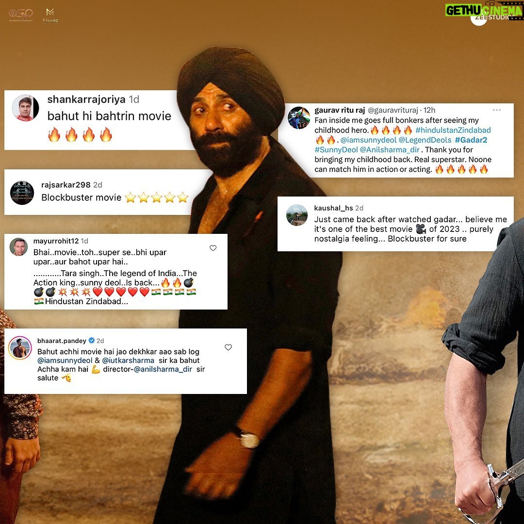 Sunny Deol Instagram - Your love for Gadar 2 has lit up our world! 🔥❤️ Book your tickets! (Link in bio) #Gadar2 in cinemas now. 🎞️ @zeestudiosofficial @gadarmovie_official @iamsunnydeol @ameeshapatel9 @iutkarsharma @anilsharma_dir @anilsharmaprod @shaktimaan6963 @mithoon11 @shabinakhanofficial @quadri.sayeed @simratkaur_16 @manishwadhwa.in @hellomontysharma @mrgravitas @zeemusiccompany @zee5 @zeecinema @zee5global