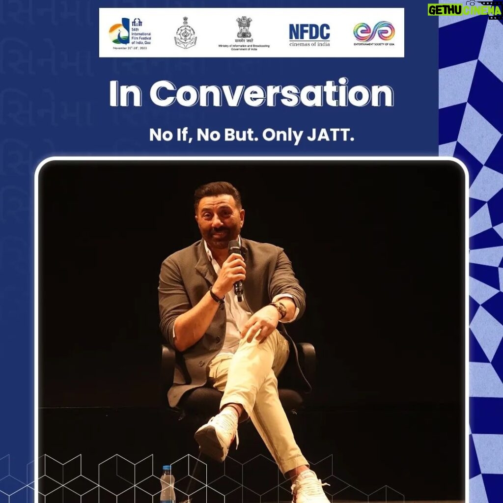 Sunny Deol Instagram - Catch glimpses from the profound in-conversation session held at Kala Academy on “No If, No But. Only Jatt.” The remarkable Sunny Deol occupied the spotlight on the panel, accompanied by Anil Sharma and Rajkumar Santoshi. This insightful masterclass was moderated by none other than Rahul Rawail at #IFFI54