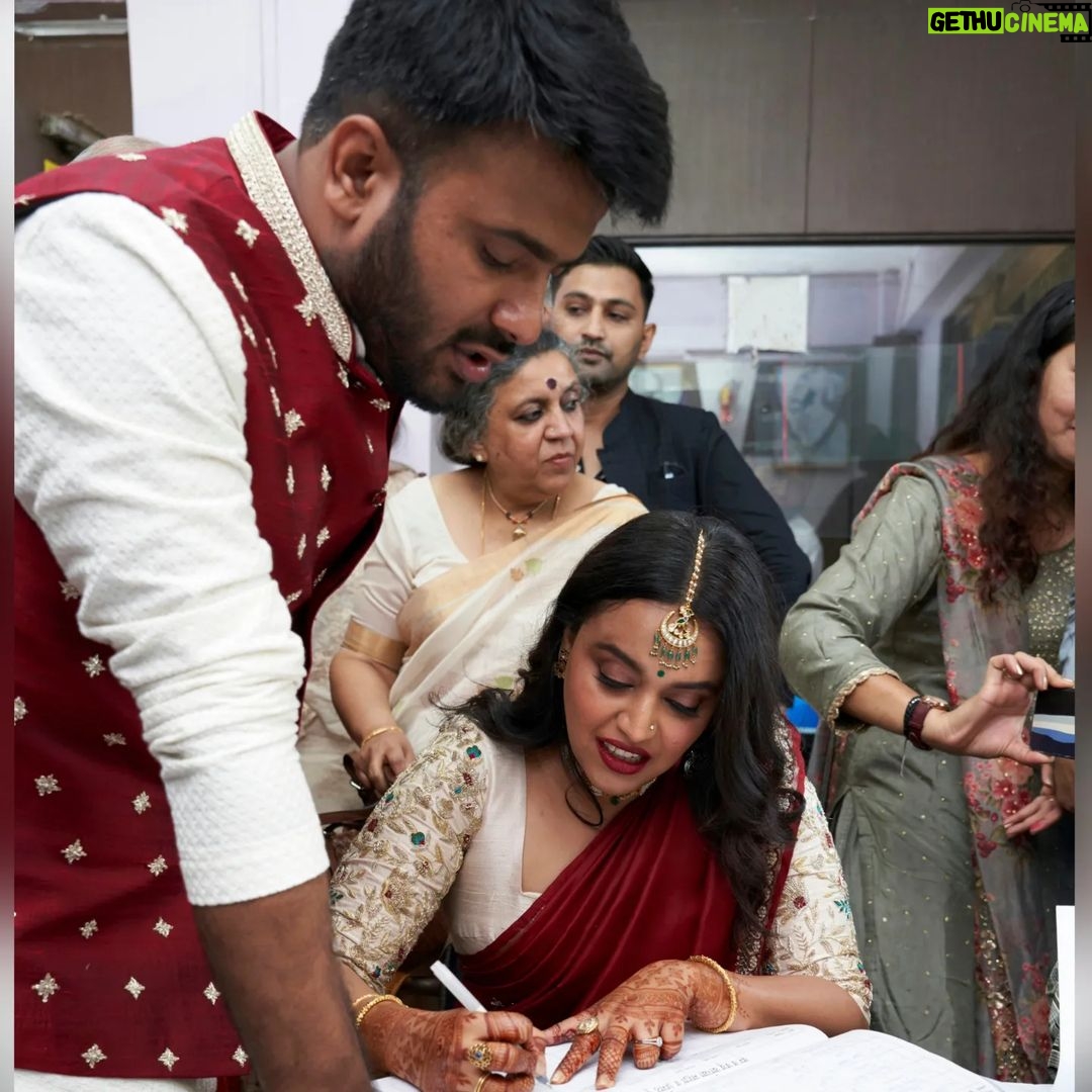 Swara Bhaskar Instagram - SWARA BHASKER & FAHAD AHMAD By @reallyswara ‘Wise men say, only fools rush in…’ Fahad & I certainly rushed into marriage, but were friends for 3 years prior. It was a love neither of us noticed blossoming, perhaps because the differences between us were many. Hindu-Muslim was only the most obvious. I’m older than Fahad & we come from different worlds: a big city girl from an ethnically mixed English speaking family & a small town boy from a traditional Western UP family that speaks Urdu & Hindustani. I’m an actress in Hindi films, he’s a research scholar, activist & politician. But our liberal arts education & values gave us a shared language of political beliefs & a common vision for our society & country. We met at the CAA-NRC protests in December 2019 & even organised one together. Slowly, we became close confidants. I felt safe with Fahad & always seen by him. He said he could talk to me about anything without fear of judgement. After months of intense communication & night long conversations, I asked Fahad what next. He said though we were worlds apart, we were very compatible, he was very fond of me & if I waited 2-3 years for him to ‘settle’ we could marry. I was stunned but also disarmed by his confidence & candour. I always thought I had gone beyond the log kya kahenge mentality, but suddenly, I was worrying about how family, friends, filmy acquaintances & even my ever loyal trolls would react. I had to face the secret shadows in my heart. Amazingly, Fahad could read my unspoken fears & we worked through them. Our families were concerned, but we stood by our love. Our shocked parents accepted our BIG decision, though hesitantly & after gently laying out concerns. When they met us together, I think they felt reassured. We were married under the SMA one year ago today. Fittingly, a relationship that began at a protest to preserve the Constitution was solemnised under constitutional provisions. A month later (I was pregnant by then), we celebrated at my nana-nani’s home with shared customs. There was lots of music, feasting & a Daawat-e-Walima. The joyous 10-day affair felt like a cultural mahotsav!