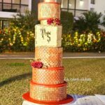 Swasika Instagram – 8 tier Royal wonder for Swasika’s wedding reception

When Swasika contacted me 4 months before her wedding, I had no idea that I would be making something like this for her. All she wanted was something Red, Elegant & Royal. And from there the discussions started and ended with this 8 tier beauty!
The look on Swasika’s face when she saw her cake was worth all the effort I put into it…

The entire cake was covered in fondant. The red colour was particularly customised and hand rolled to suit her liking. The beige square tier was a last minute addition inspired by her wedding saree blouse. Each tier was meticulously stencilled with Royal icing and hand painted gold. I added fondant accents to enhance the overall look. The entire look was completed with a custom acrylic topper that included the bride and groom’s initials and some flowers
.
.

The cake design was inspired by @indulgencebyshazneenali  and  @cakestrybyfathimaiqbal wedding cakes RECCAA Club