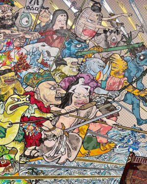 Takashi Murakami Instagram - Takashi Murakami’s newest masterwork, which also makes its premiere at #MurakamiMonsterized, is titled “Judgement Day” — an 82 feet long painting that used 10,000 different silk screens and was produced in a matter of several weeks! 😱

The main figure in the center is Enma, the King of Hell in Buddhism. But you’ll also find zombie-like kabuki actors dressed as samurai and geisha, and two groups of yokai (Japanese supernatural beings). 

Akin to music sampling, Murakami was inspired by different artistic styles to create a visual feast of images. You may notice references to 19th century Japanese woodblock prints, including works by Utagawa Kuniyoshi and Tsukioka Yoshitoshi, and Murakami’s use of trompe-l’œil or western optical illusion techniques.

👹 Visit “Murakami: Monsterized” to get a closer look at all of the details of Murakami’s latest paintings. Plan your holiday visit to experience this blockbuster exhibition at asianart.org.

#AsianArtMuseum #MuseumDifferently #TakashiMurakami 

© Takashi Murakami/Kaikai Kiki Co., Ltd. All Rights Reserved.