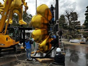 Takashi Murakami Instagram - @kyotocitykyoceramuseum 
@takashimurakami_mononoke_kyoto 
The installation will take about a month.
Make it appear in the pond.
Finally, the LV @louisvuitton trunk will be installed at your feet!
It will be completed in early March. Please look forward to it.
🙇‍♂️