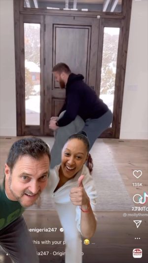 Tamera Mowry-Housley Instagram - Saw this and had to try it with @adamhousley .  Looks easier than it is I must say. But we did it the first try once I talked myself into it. 🤣