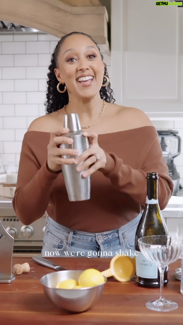 Tamera Mowry-Housley Instagram - The California 75 is a spin on an old classic, the French 75. This drink was amazing and is a great option for your next brunch! Full tutorial coming soon on YouTube! 😉 Recipe 🍋 • 2 ounces (60 mL) Dry Vermouth* • 1 ounce (30 mL) freshly squeezed lemon juice* • 1 ounce (30 mL) simple syrup • 6 ounces (175 mL) Sparkling Wine* • Garnish: lemon twist (or ribbon)*