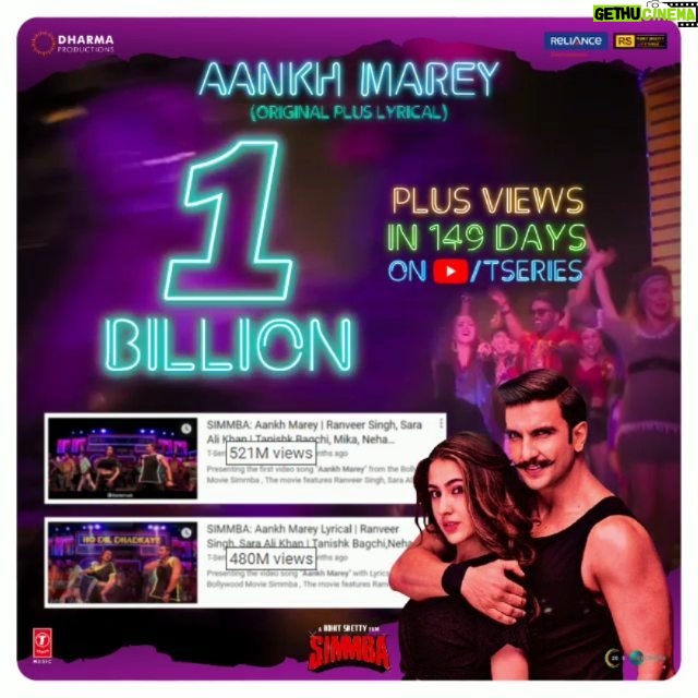 Tanishk Bagchi Instagram - UNBELIEVABLE!!! #AankhMarey crosses 1 Billion+ Views across #Youtube. I have no words to express my happiness and excitement for the milestone achieved. Thank you for all the love, blessings and WINKS! 🤘😉🕺🏻 @ranveersingh | @saraalikhan95 | @karanjohar | @itsrohitshetty | @dharmamovies | @rohitshettypicturez | @reliance.entertainment | @azeemdayani | @tseries.official | @nehakakkar | @shabbir_ahmed9 | @mikasingh | @kumarsanuofficial | #Simmba