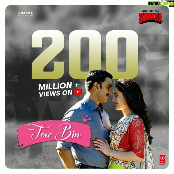Tanishk Bagchi Instagram - #TereBin hits the double century! Can't thank you guys enough for these 200Million+ views. Keep listening.❤🎧 - @ranveersingh | @saraalikhan95 | @karanjohar | @itsrohitshetty | @dharmamovies | @rohitshettypicturez | @reliance.entertainment | @simmbathefilm | @azeemdayani | @tseries.official | @officialrfakworld | @aseeskaurmusic | @therashmivirag | #Simmba