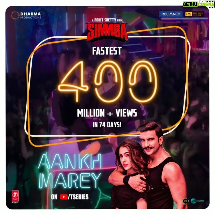 Tanishk Bagchi Instagram - Another milestone achieved. #AankhMarey crosses 400 Million+ views. Thankful to each one of you for making this happen. Keep Winking!😍🙌🏻😉🕺🏻 - @ranveersingh | @saraalikhan95 | @karanjohar | @itsrohitshetty | @dharmamovies | @rohitshettypicturez | @reliance.entertainment | @azeemdayani | @simmbathefilm | @tseries.official | @nehakakkar | @shabbir_ahmed9 | @mikasingh | @kumarsanuofficial | #Simmba