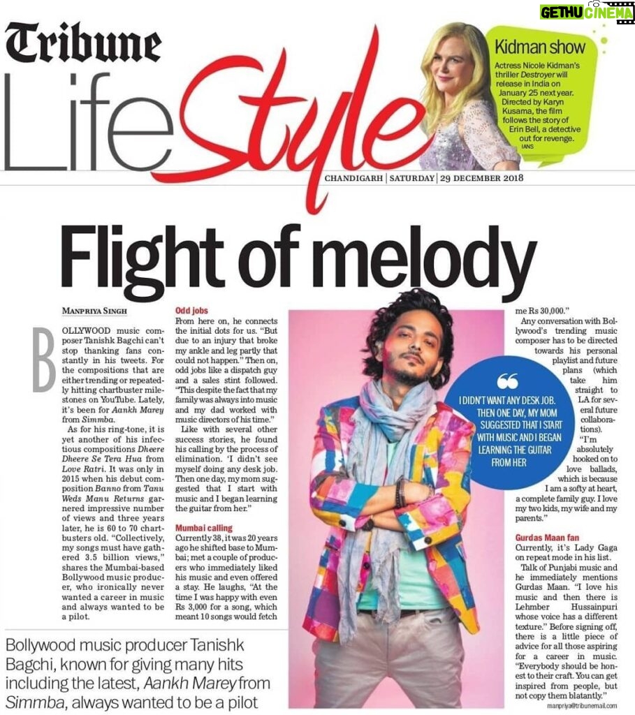 Tanishk Bagchi Instagram - From my odd jobs to the Bollywood, read and know all about me. Thank you #Tribune for the wonderful chat.😄 - LINK IN BIO.