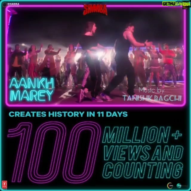 Tanishk Bagchi Instagram - Can't keep calm, won't keep calm! This is huge & all because of you guys. Thank you for loving #AankhMarey so much. ๐บ๐ถ๐ . . #AankhMareyFastest100Million | @ranveersingh | @saraalikhan95 | @karanjohar | @itsrohitshetty | @dharmamovies | @rohitshettypicturez | @reliance.entertainment | @azeemdayani | @tseries.official | @nehakakkar | @shabbir_ahmed9 | @mikasingh | @kumarsanuofficial | #Simmba