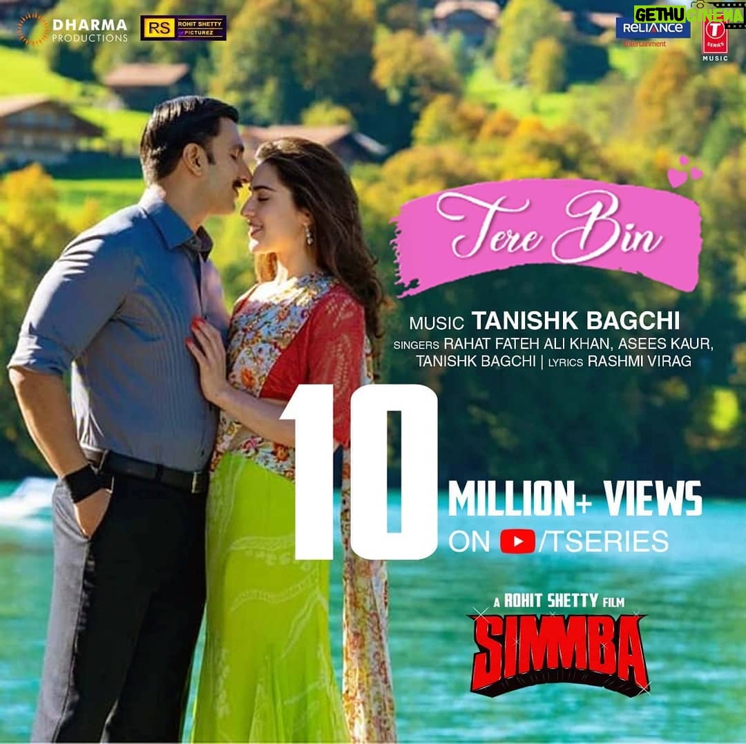 Tanishk Bagchi Instagram - Keep the love coming! 10 Million+ views on #TereBin.🎶 - @ranveersingh | @saraalikhan95 | @karanjohar | @itsrohitshetty | @dharmamovies | @rohitshettypicturez | @reliance.entertainment | @simmbathefilm | @azeemdayani | @tseries.official | @officialrfakworld | @aseeskaurmusic | @therashmivirag | #Simmba