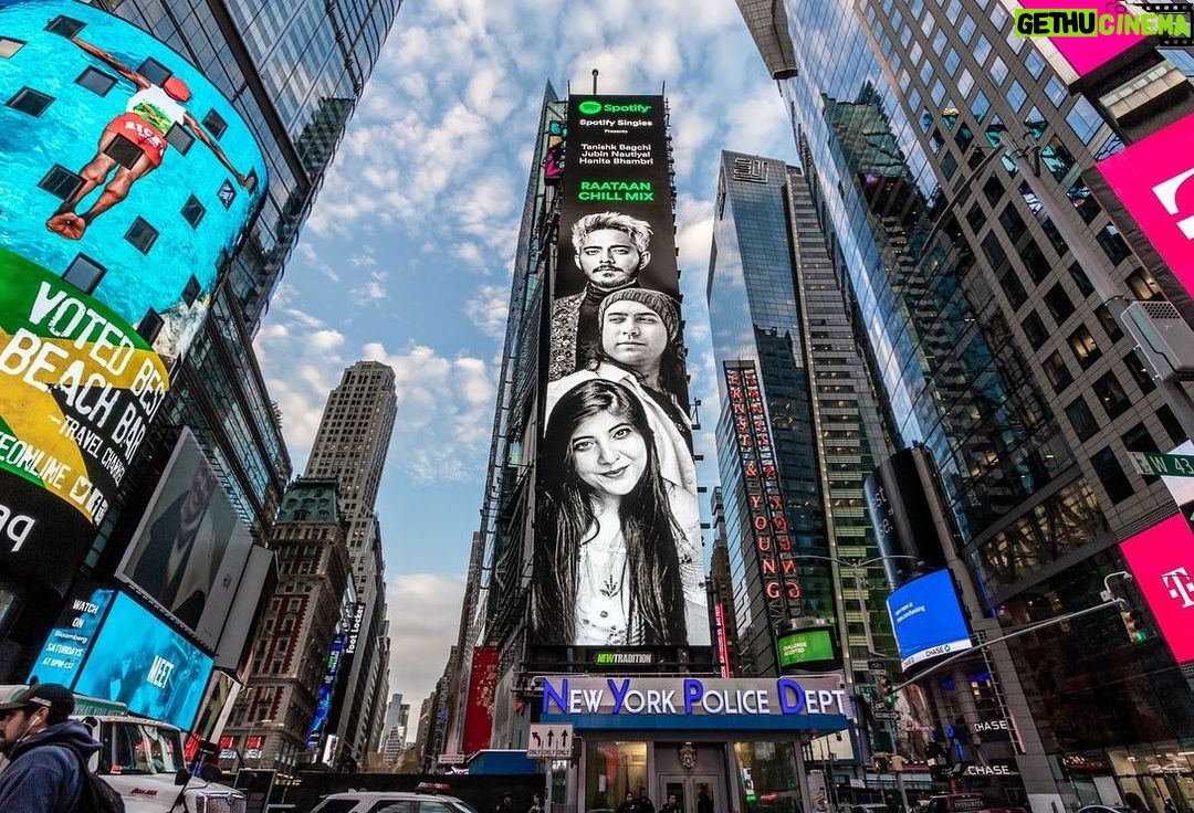 Tanishk Bagchi Instagram - The Frenzy Continues. Thank you @Spotify @SpotifyIndia for taking Raatan Lambiyan Chill Mix to the NYC, Time Square, BillBoard. Thank you all for the love! @jubin_nautiyal @azeemdayani @bandbaaja @sonymusic @hanitabhambri @rio.ghosh @grnrbdi