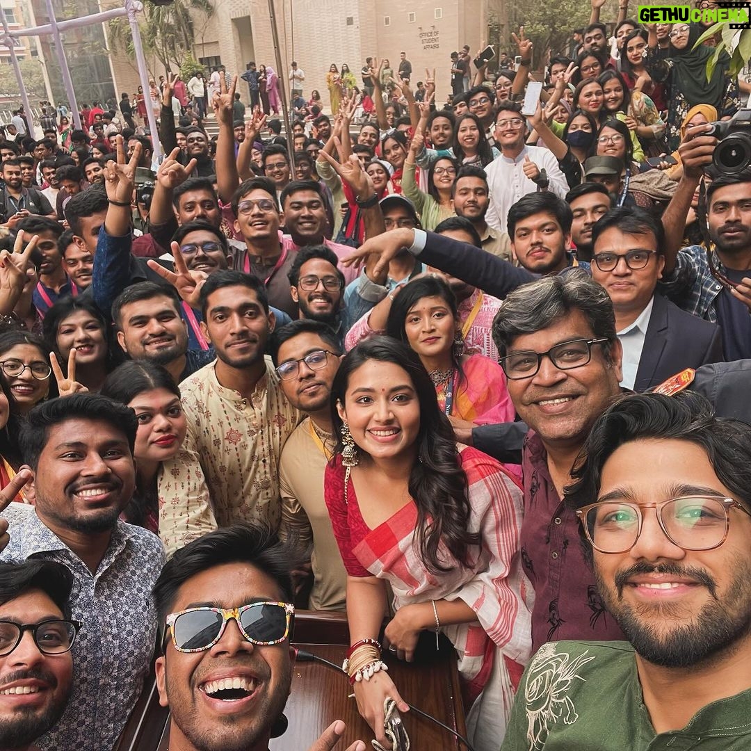 Tasnia Farin Instagram - Thank you! EastWest university,Jagannath university and North South university for having us. Watch “Kacher Manush Dure Thuiya” on 22nd February on @chorkiofficial with your family, friends and loved ones.