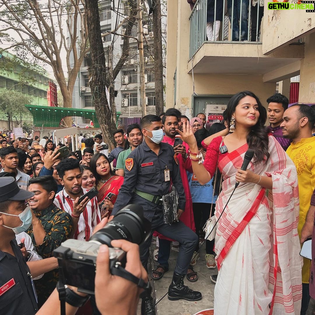 Tasnia Farin Instagram - Thank you! EastWest university,Jagannath university and North South university for having us. Watch “Kacher Manush Dure Thuiya” on 22nd February on @chorkiofficial with your family, friends and loved ones.