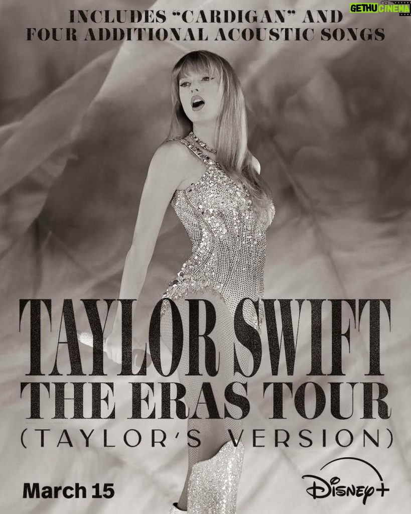 Taylor Swift Instagram - This week is truly the best kind of chaos. I’m thrilled to let you know I’ve found a streaming home for The Eras Tour Concert Film, and that home will be @disneyplus. For the first time we’ll be showing the entire concert (including “cardigan”, plus 4 additional songs from the acoustic section!!) and I’m calling it, huge shock, “Taylor Swift | The Eras Tour (Taylor’s Version)”. Available starting March 15 which is actually very 🔜😆🫶