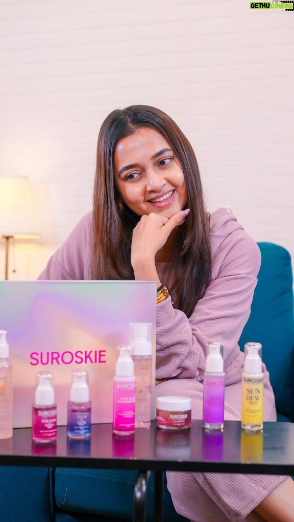 Tejasswi Prakash Instagram - Glowing with Suroskie Secrets! Dive into my skincare routine featuring the Rose Instant Scrub, Rosanna Glow Mask, and Sun Dew SPF 55. From a flawless canvas to pro-level rejuvenation, these gems are my go-to for that radiant glow. Swipe up for the ultimate skincare journey! @suroskiebeauty #SuroskieGlow #SkincareSecrets #RadiantSkin