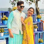 Tejasswi Prakash Instagram - Khushiyaan da chadeya ajj vellaa vey..! @tejasswiprakash @sharyumahale @kyle.dempsey3 ❤️❤️ Tejasswi: Styled by @akankshakawediastyle Outfit @forampatel_official Jewellery @aquamarine_jewellery
