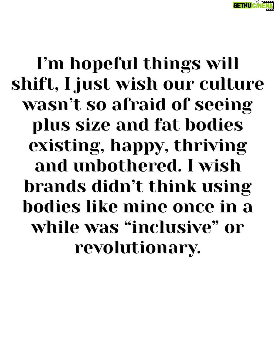 Tess Holliday Instagram - Friday was the first time I’ve been on set modeling for a brand in over two years (it was a great experience) and it got me thinking: When are we “too big” to find the value in ourselves? for others to find the value in us? to model high end or walk runways in a non performative way? to be seen as more than a “before” photo? to be loved? valued? respected??? I never fathomed when I had the word “supermodel” and “ pioneer” attached to me that over a decade later I would still be looking around wondering when the industry was going to stop telling me my body still isn’t for fashion. Everyone wants my opinion on how the fashion industry is evolving and why are we still aren’t seeing major change, while simultaneously continuing to use the same body types and erasing the word plus size for “curvy” so there isn’t any confusion. Fat is still “bad” and we are punished for it constantly. I’m hopeful things will shift, I just wish our culture wasn’t so afraid of seeing plus size and fat bodies existing, happy, thriving and unbothered. I wish brands didn’t think using bodies like mine once in a while was “inclusive” or revolutionary. In the mean time, here’s to all of us that are told we too much, too fat, too loud, too disabled, too queer, too Black, too tattooed, too old, too opinionated, too radical, too soft, too ____________- I’m glad you’re here & ily💐 #effyourbeautystandards