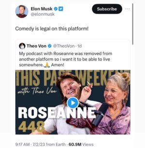 Theo Von Instagram - New episode wont be up on Youtube until Thursday because of suspension. Thanks Twitter for allowing us to post the full episode and Elon for the support. Its our most viewed episode ever! 🤯 🇺🇸