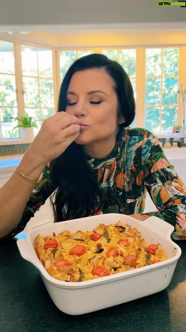Tiffani Thiessen Instagram - Cheddar & Sage Bread Pudding-the perfect dish to beat the winter blues. Promise. Recipe in Here We Go Again.