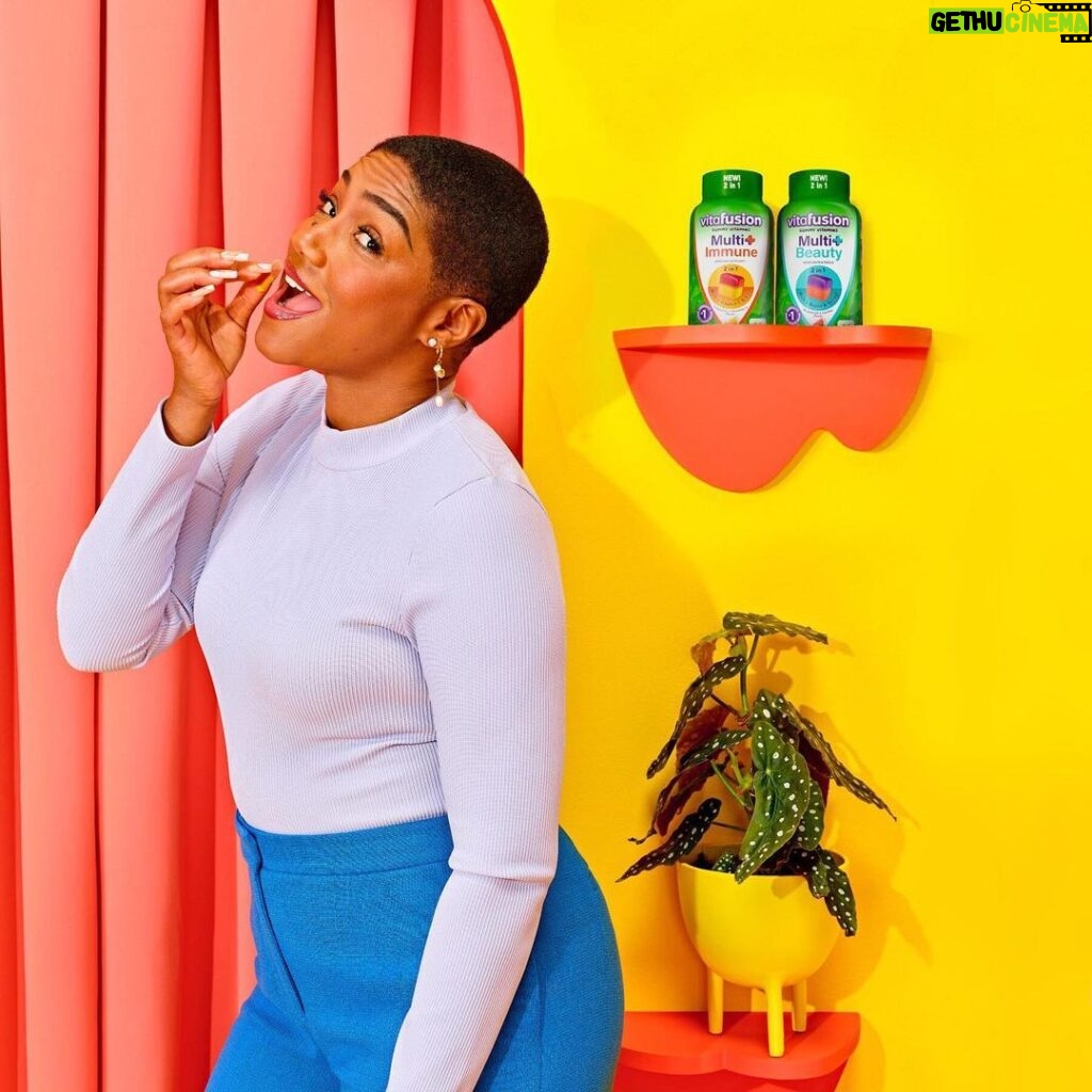 Tiffany Haddish Instagram - I’ve become a pro at multitasking, so I need a vitamin that can do the same. These new vitafusion 2-in-1 multivitamins come with a fusion of immune support or beauty support for healthier hair, skin and nails. #ad #vitafusionpartner #vitafusionmulti Los Angeles, California