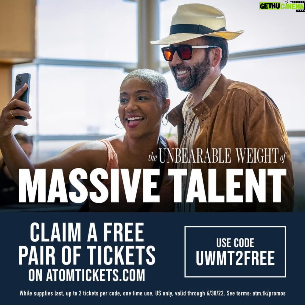 Tiffany Haddish Instagram - I’m giving away a limited number tickets to my new movie #MassiveTalent! I know y’all are going to love this one, Nicolas Cage plays Nick Cage, it’s hilarious and it comes out in theaters April 22. If you want your FREE TICKETS click the link and use code: ‘UWMT2FREE’ https://bit.ly/THFreeTickets. While supplies last, up to 2 tickets per code, one time use, US only, valid through 6/30/22. See terms: atm.tk/promos