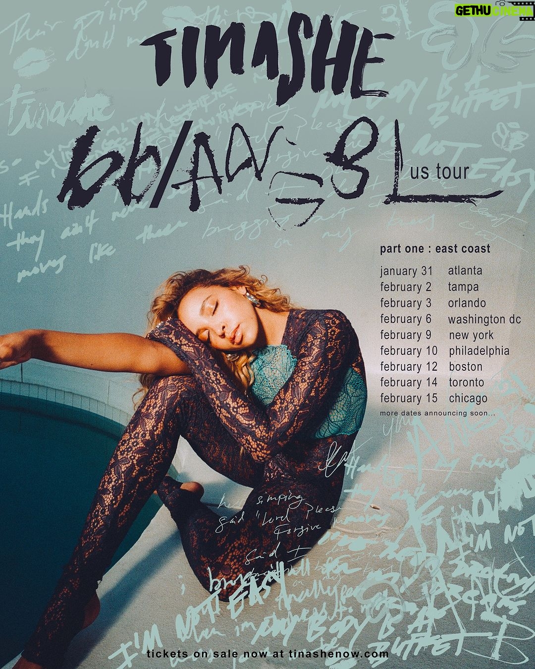 Tinashe Instagram - BB/ANG3L TOUR IS HERE 👼🏽 Starting with Part One : EAST COAST If you don’t see your city on the list don’t worry, more dates announcing soon 🎟️ Presale: Tuesday, November 14th at 12pm ET / 9am PT Artist Presale Password: ANG3L VIP Packages: Tuesday, November 14th at 12pm ET / 9am PT local Public Onsale: Friday, November 17 at 12pm ET.