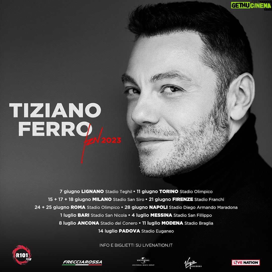 Tiziano Ferro Instagram - TIZIANO FERRO TZN 2023 IL RITORNO NEGLI STADI RIPROGRAMMATO NEL 2023 IL TOUR NEGLI STADI DI TIZIANO FERRO Il tour di TIZIANO FERRO è ora riprogrammato al 2023 con TZN 2023 nei più importanti stadi italiani. Le date del nuovo tour, originariamente previsto per il 2020, poi spostato al 2021 e successivamente cancellato, includono le stesse città previste nel calendario 2020-2021, con l’eccezione della data di Cagliari che, come precedentemente comunicato, non potrà essere recuperata. L’appuntamento di Catania del 2021 invece, viene recuperato a Messina come da calendario originale 2020. I biglietti dell’edizione 2020-2021 saranno validi per l’edizione 2023. I biglietti per le nuove date sono da ora in vendita su ticketmaster - ticketone - vivaticket Di seguito il nuovo calendario: 7 giugno 2023 Lignano Sabbiadoro, Stadio G. Teghil 11 giugno 2023 Torino, Stadio Olimpico 15 giugno 2023 Milano, Stadio San Siro (biglietti validi: 5 giugno 2020 / 15 giugno 2021) 17 giugno 2023 Milano, Stadio San Siro (biglietti validi: 6 giugno 2020 / 18 giugno 2021) 18 giugno 2023 Milano, Stadio San Siro (biglietti validi: 8 giugno 2020 / 19 giugno 2021) 21 giugno 2023 Firenze, Stadio Franchi 24 giugno 2023 Roma, Stadio Olimpico (biglietti validi: 15 luglio 2020 / 9 luglio 2021) 25 giugno 2023 Roma, Stadio Olimpico (biglietti validi: 16 luglio 2020 / 10 luglio 2021) 28 giugno 2023 Napoli, Stadio Diego Armando Maradona 1° luglio 2023 Bari, Stadio San Nicola 4 luglio 2023 Messina, Stadio San Filippo (biglietti validi: 27 giugno 2020 / 3 luglio 2021) 8 luglio 2023 Ancona, Stadio Del Conero 11 luglio 2023 Modena, Stadio Braglia 14 luglio 2023 Padova, Stadio Euganeo Per maggiori informazioni visitare la pagina: https://www.livenation.it/show-updates (link nelle storie) Per aggiornamenti ed info www.livenation.it @livenationit www.facebook.com/livenation.it www.twitter.com/livenation.it RADIO 101 è partner del tour TZN2023