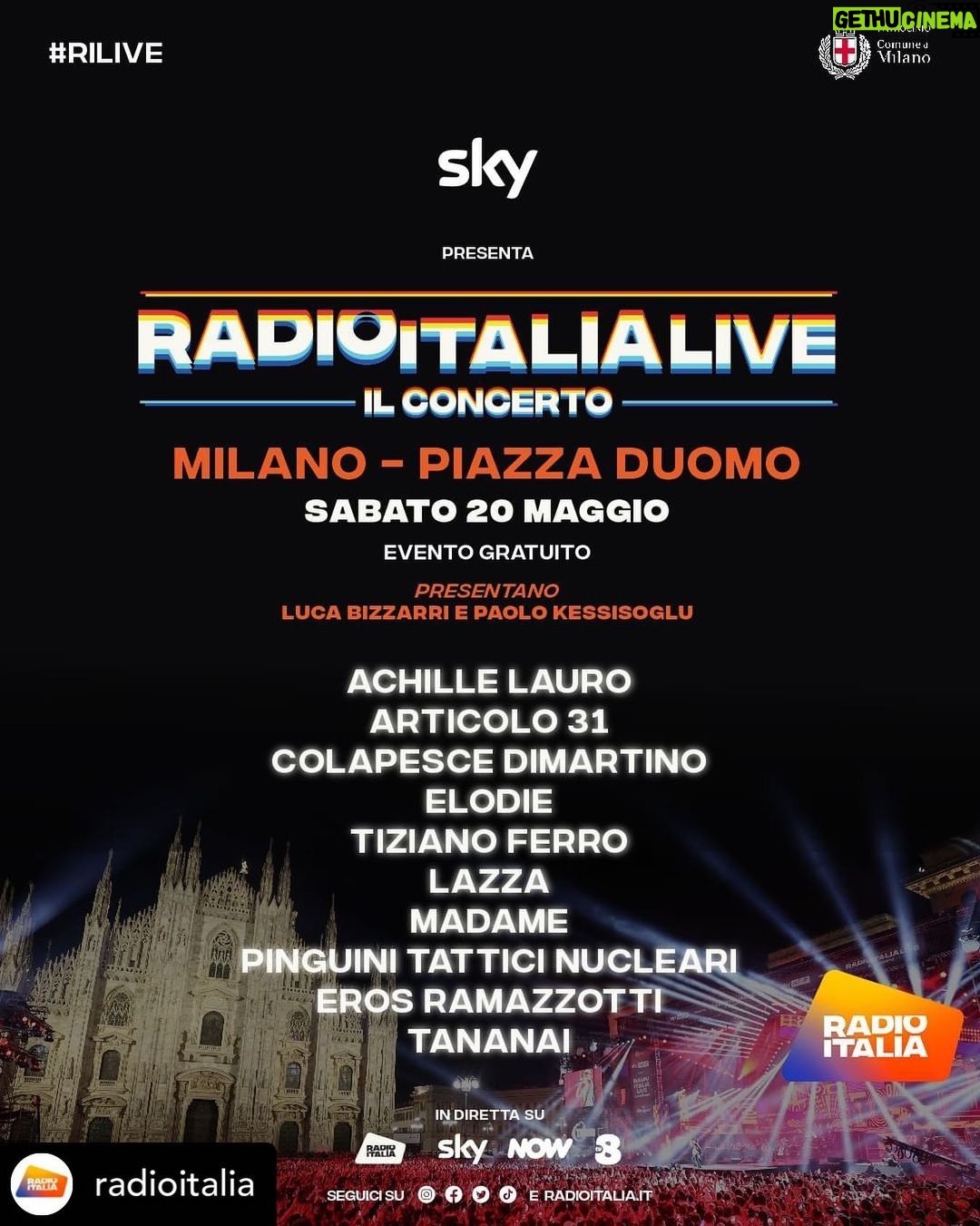 Tiziano Ferro Instagram - Ecco il cast tanto atteso di RADIO ITALIA LIVE - IL CONCERTO di Milano! ❤️🔥 Parte il conto alla rovescia! 🤩 RADIO ITALIA LIVE - IL CONCERTO sarà trasmesso in diretta su Radio Italia, Radio Italia Tv, radioitalia.it e in contemporanea su Sky Uno, NOW e in chiaro su TV8. . . . #rilive @skyitalia @radioitalia