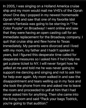 Todrick Hall Instagram - With the Color Purple being out now, I thought I’d share with you my personal “Color Purple” journey. This show changed my life…I had so much to say but it was too long to put here so swipe to read about it! I have been blessed to be in 5 Broadway Musicals, but there is nothing like your first, my Color Purple family will always hold a special place in my heart! 💜 

Go see “The Color Purple” in theatres now!