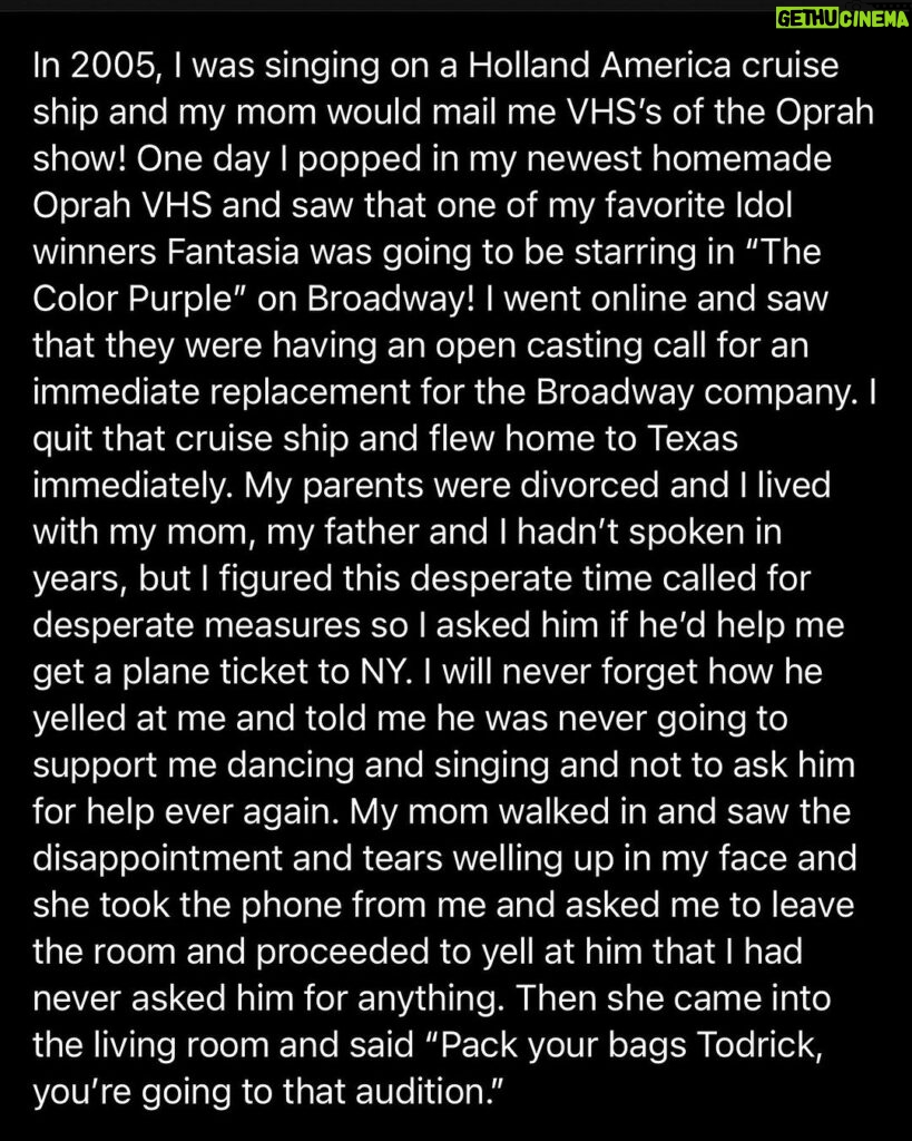 Todrick Hall Instagram - With the Color Purple being out now, I thought I’d share with you my personal “Color Purple” journey. This show changed my life…I had so much to say but it was too long to put here so swipe to read about it! I have been blessed to be in 5 Broadway Musicals, but there is nothing like your first, my Color Purple family will always hold a special place in my heart! 💜 Go see “The Color Purple” in theatres now! Broadway Theatre
